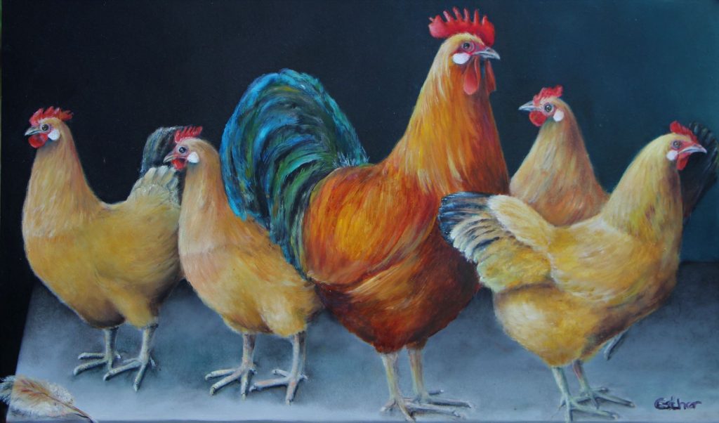 Familie kip olieverf op paneel 30 x 60