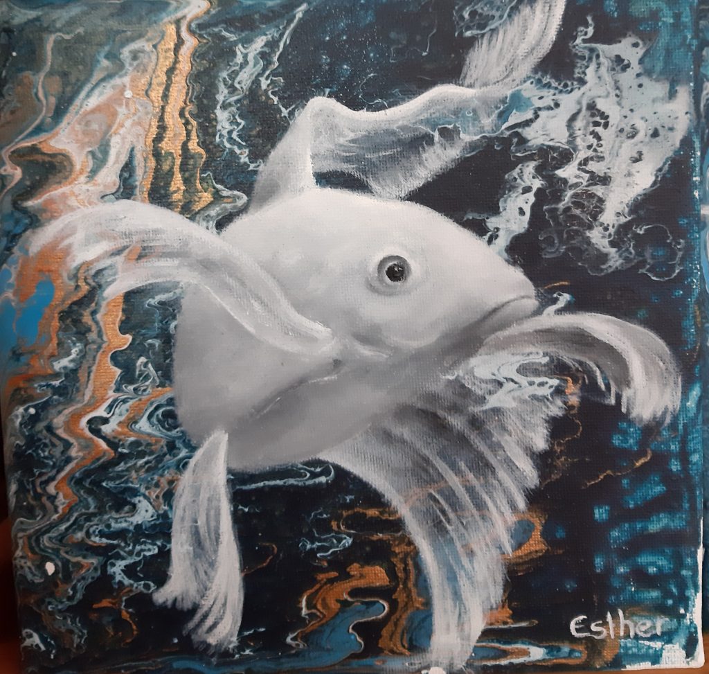 Witte vis olie/pouring verf op doek 20 x 20